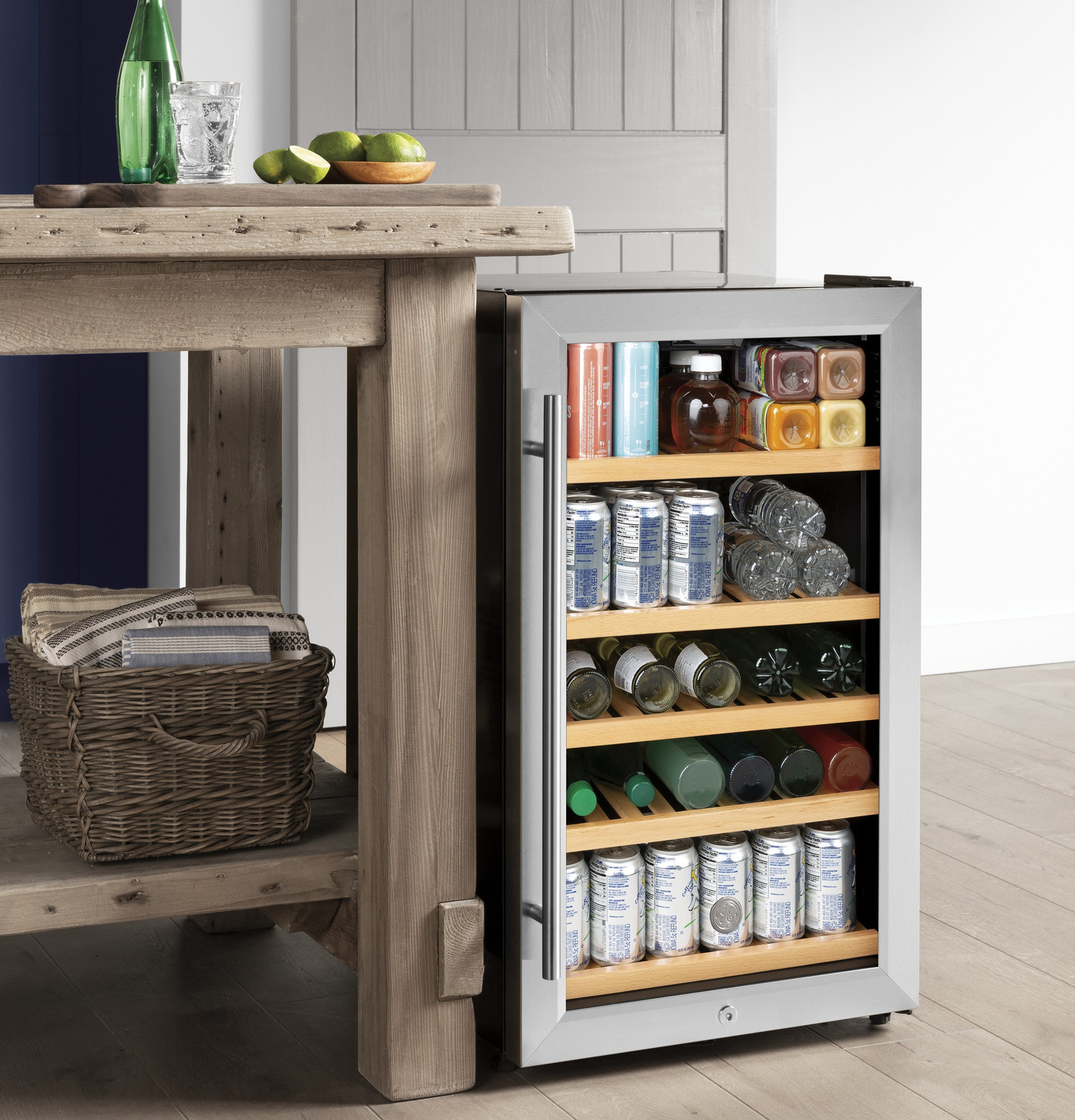 GE Wine Cooler & Beverage Refrigerator | Mini Fridge With Lock & Key Included | Complete With Oak Shelving, Glass Exterior & Warm Interior Lighting | Fits 109 Cans or 31 Wine Bottles | Stainless Steel on Fridge.com