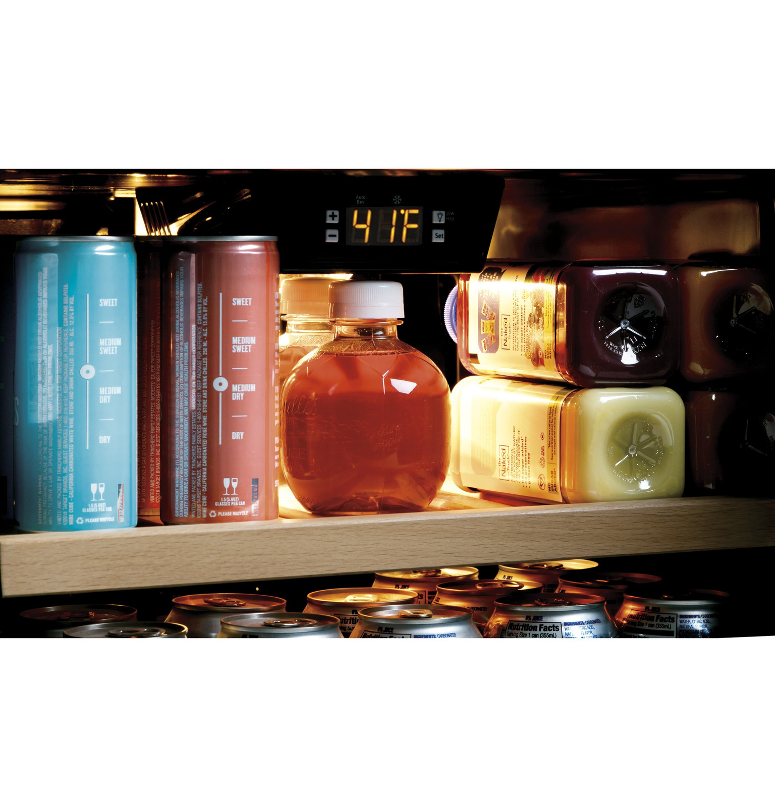 GE Wine Cooler & Beverage Refrigerator | Mini Fridge With Lock & Key Included | Complete With Oak Shelving, Glass Exterior & Warm Interior Lighting | Fits 109 Cans or 31 Wine Bottles | Stainless Steel on Fridge.com