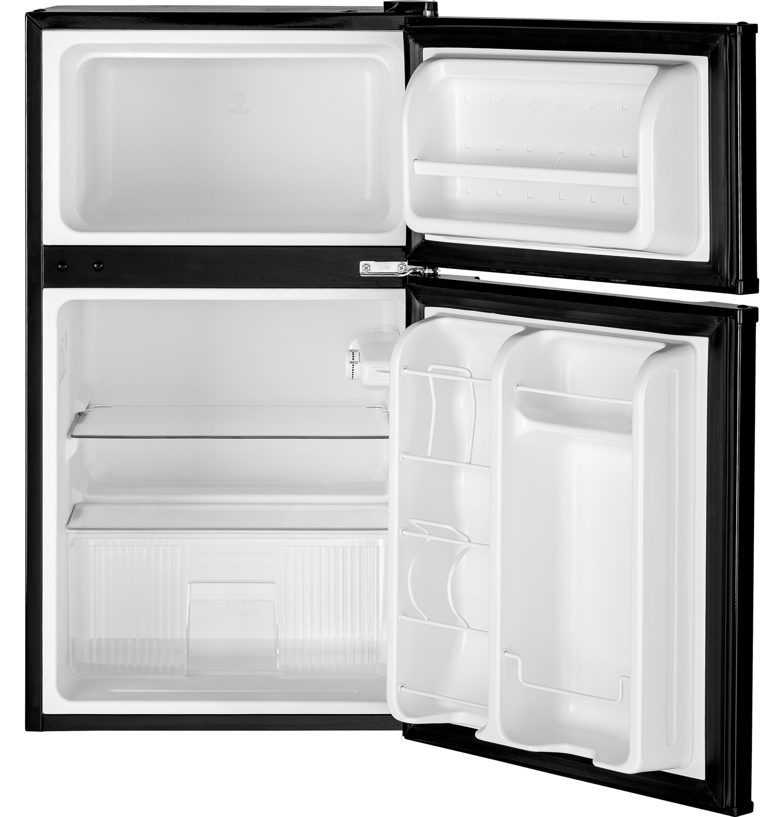 GE Mini Fridge With Freezer | 3.1 Cubic Ft. | Double-Door Design With Glass Shelves, Crisper Drawer & Spacious Freezer | Small Refrigerator Perfect for the Garage, Dorm Room, or Bedroom | Clean Steel on Fridge.com