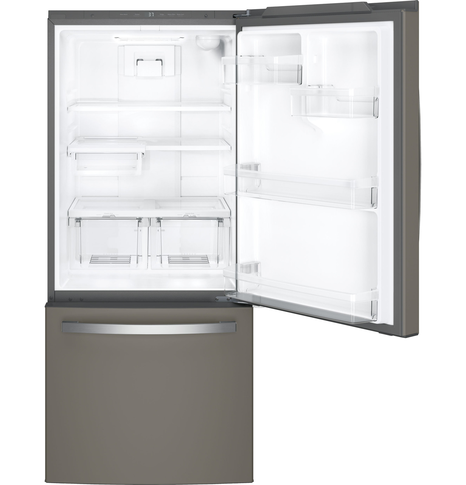 GE GDE21EMKES Bottom Freezer Refrigerator, Solid Black on Fridge.com