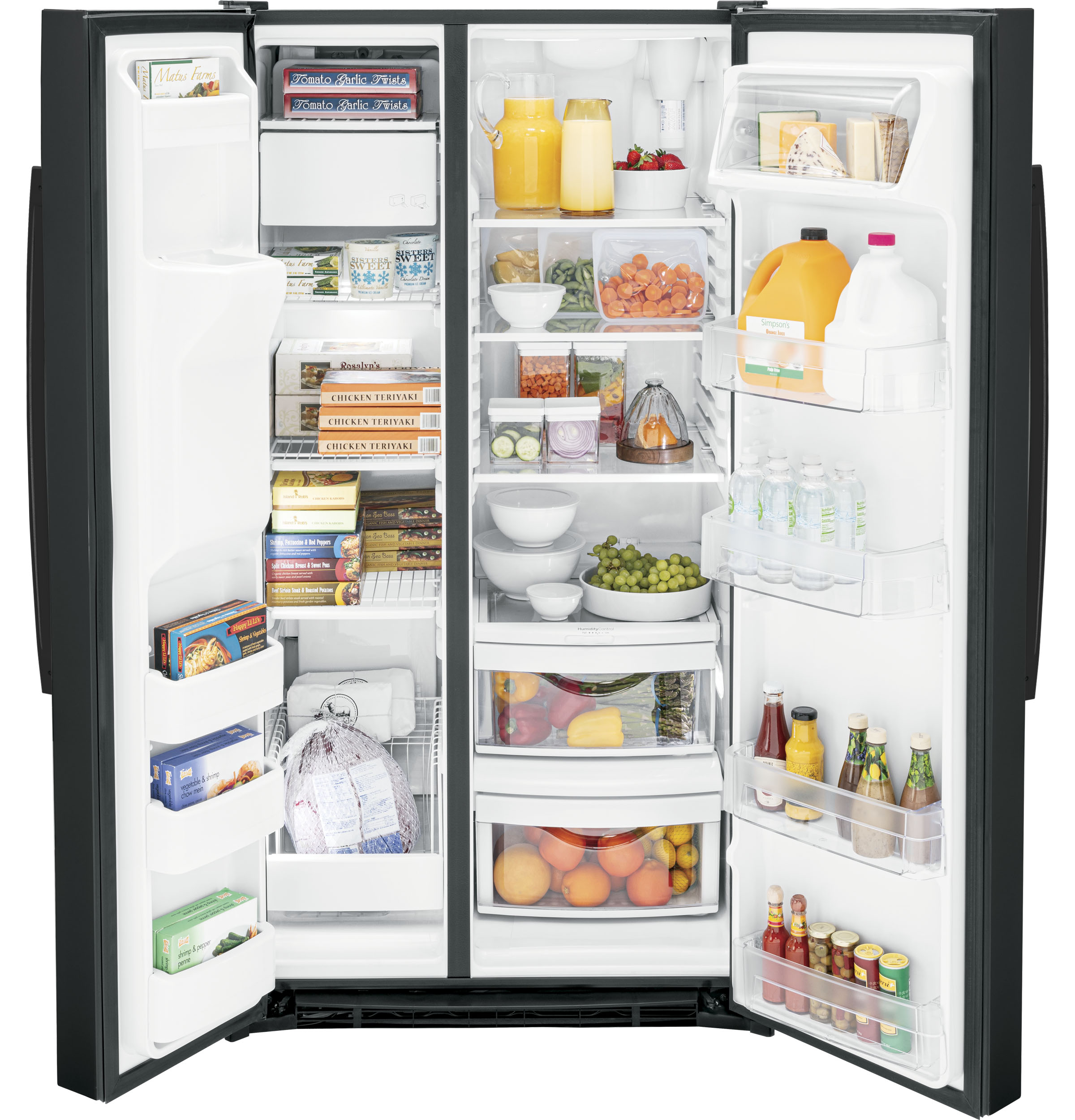 GE® ENERGY STAR® 25.3 Cu. Ft. Side-By-Side Refrigerator in Black size 69.625 H x 35.75 W x 34.75 D | GSE25GGPBB | Fridge.com