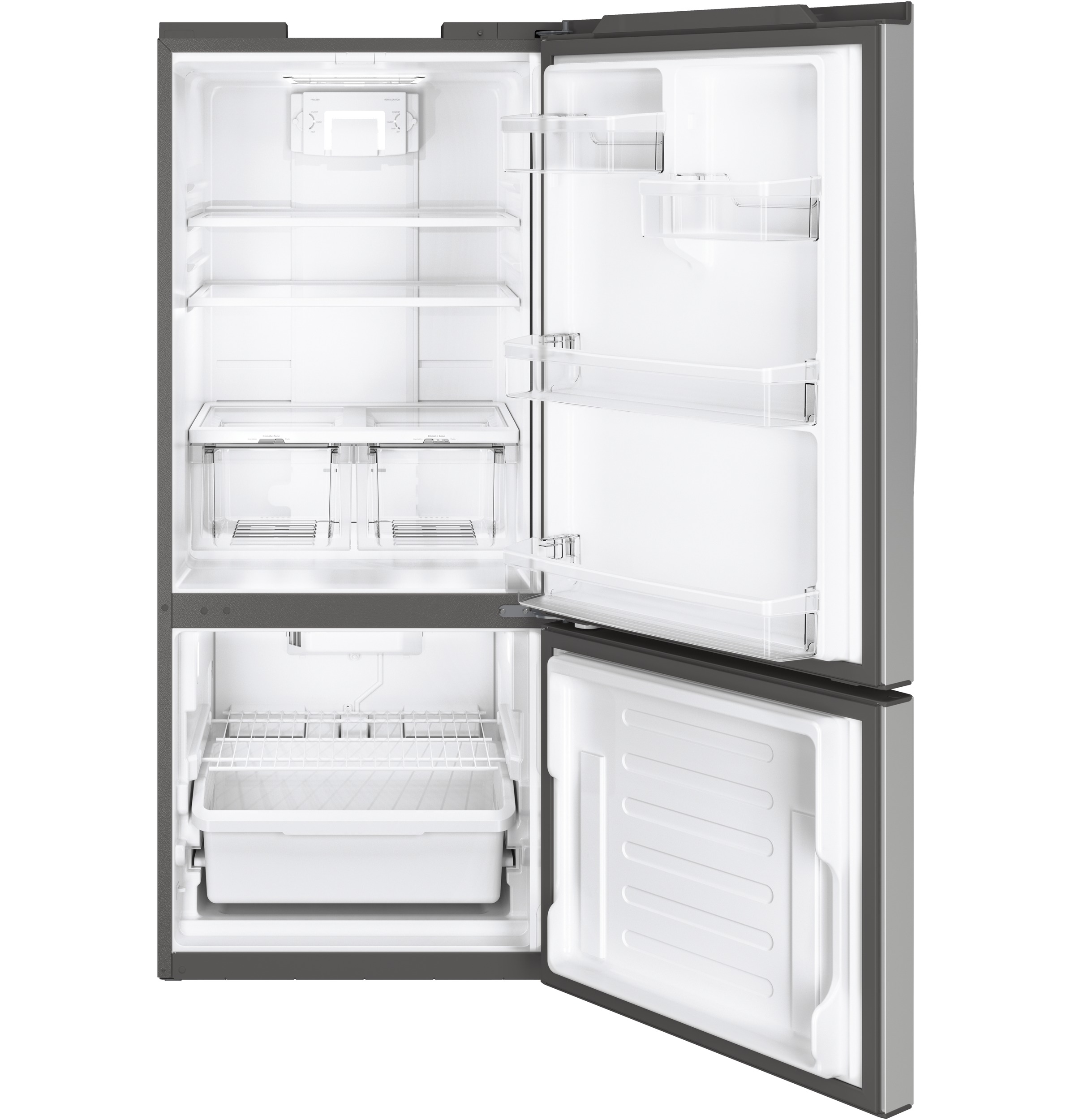 GE® ENERGY STAR® 20.9 Cu. Ft. Bottom-Freezer Refrigerator in Stainless Steel size 69.875 H x 29.75 W x 36.625 D | GBE21DYKFS | Fridge.com