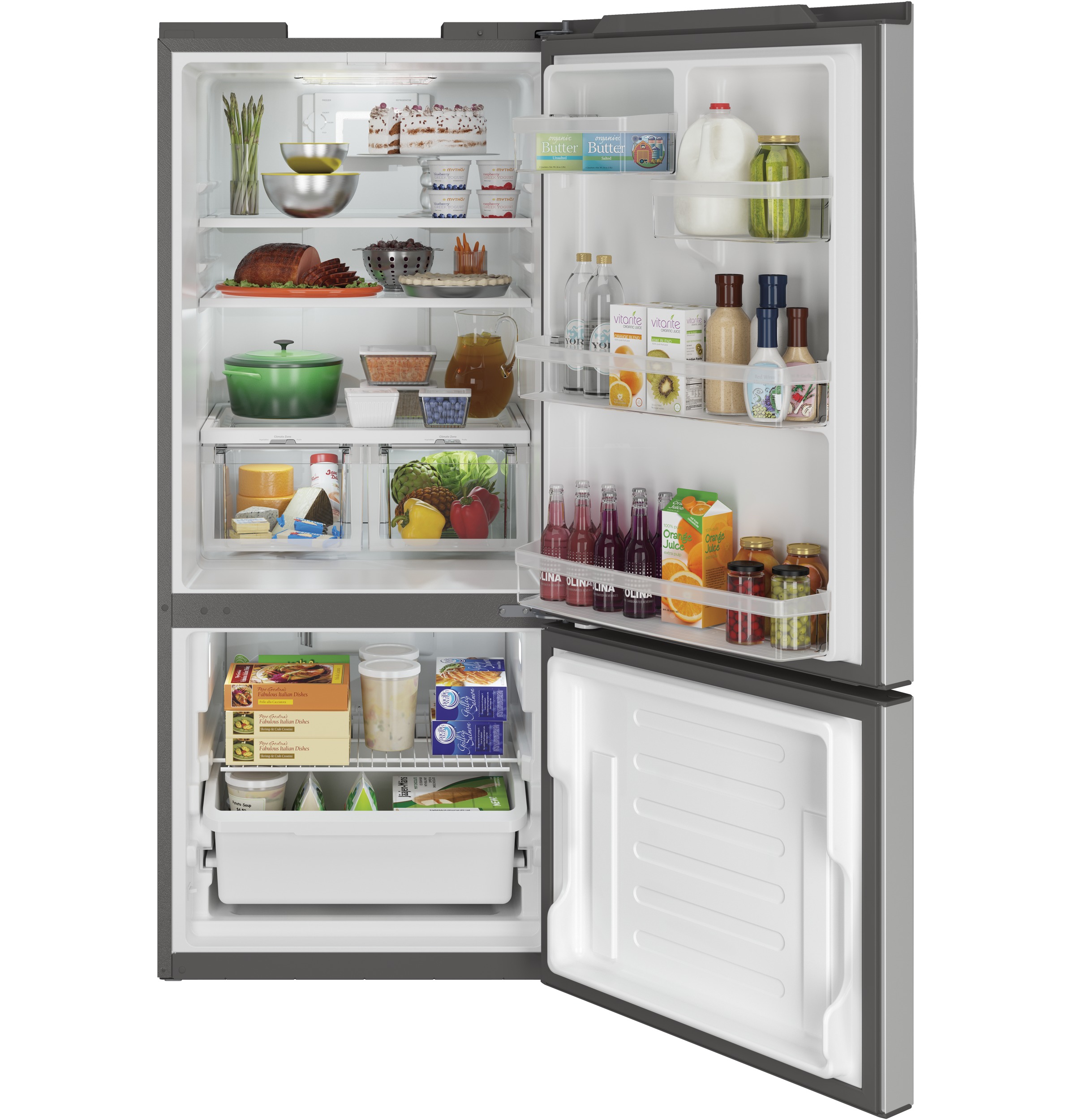 GE® ENERGY STAR® 20.9 Cu. Ft. Bottom-Freezer Refrigerator in Stainless Steel size 69.875 H x 29.75 W x 36.625 D | GBE21DYKFS | Fridge.com