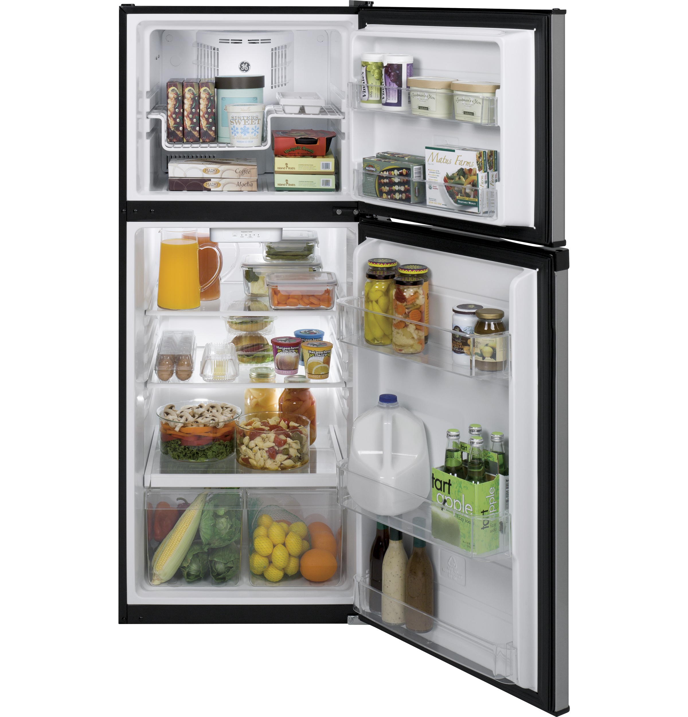 GE® ENERGY STAR® 11.6 cu. ft. Top-Freezer Refrigerator in Stainless Steel size 59.875 H x 24 W x 28.625 D | GPE12FSKSB | Fridge.com