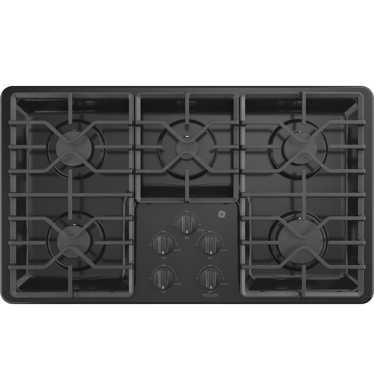 GE® 36" Built-In Gas Cooktop with Dishwasher-Safe Grates in Black size 4.75 H x 36 W x 21 D | JGP3036DLBB | Standard Cast