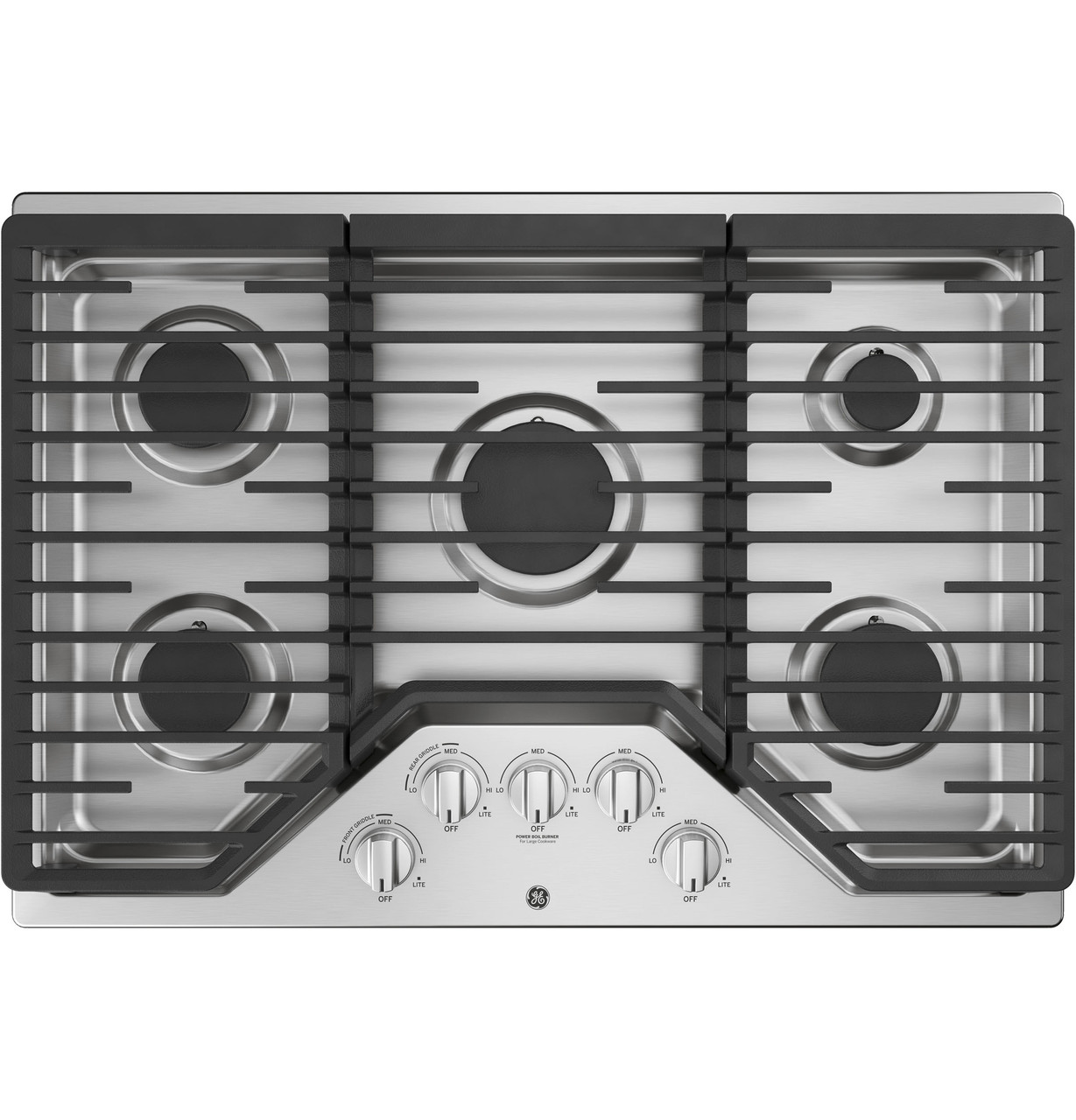 GE® 30" Built-In Gas Cooktop with 5 Burners and Dishwasher Safe Grates in Stainless Steel size 5.5 H x 30 W x 21 D | JGP5030SLSS | Heavy Cast