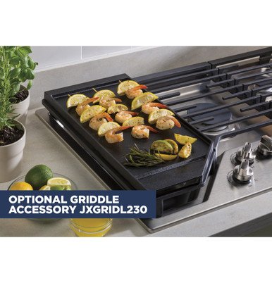 GE® 30" Built-In Gas Cooktop with 5 Burners and Dishwasher Safe Grates in Stainless Steel size 5.5 H x 30 W x 21 D | JGP5030SLSS | Heavy Cast