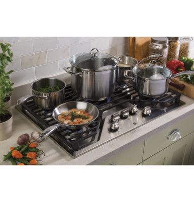 GE® 30" Built-In Gas Cooktop with 5 Burners and Dishwasher Safe Grates in Stainless Steel size 5.5 H x 30 W x 21 D | JGP5030SLSS | Heavy Cast