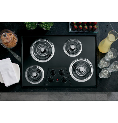 GE 30-in 4 Elements Coil Black Electric Cooktop in the Electric Cooktops  department at