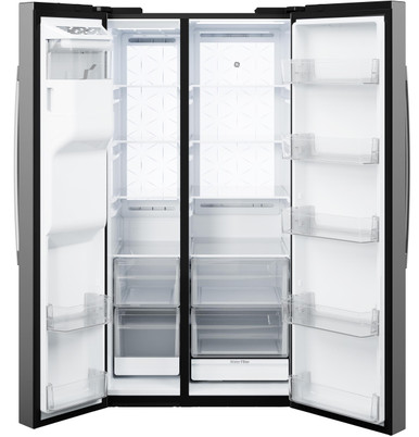 GE® 23.5 Cu. Ft. Counter-Depth Side-By-Side Refrigerator with LED Light Walls and Extra Tall Dispenser in Stainless | GZS24PYYFS | Stainless Steel