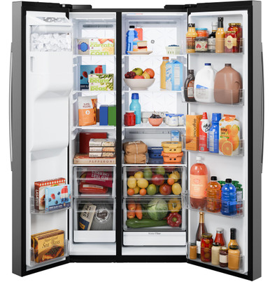 GE® 23.5 Cu. Ft. Counter-Depth Side-By-Side Refrigerator with LED Light Walls and Extra Tall Dispenser in Stainless | GZS24PYYFS | Stainless Steel