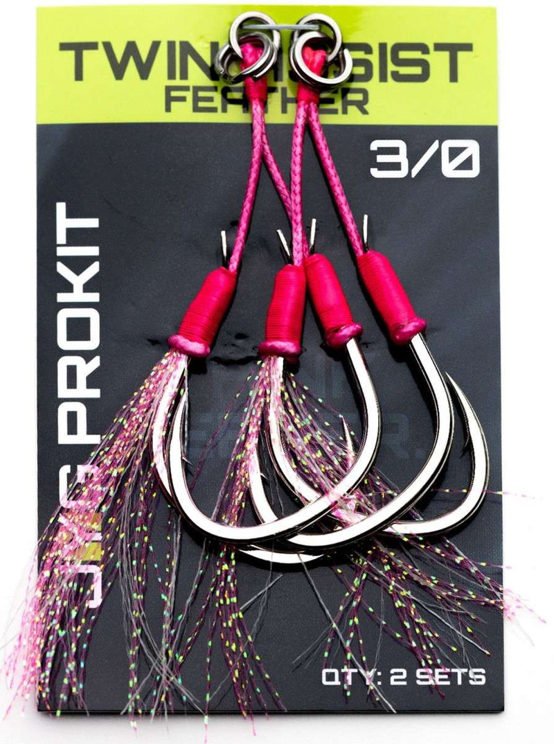 JYG PRO Fishing Feathered Twin Assist Hooks - Pnk - 3/0 - TackleDirect