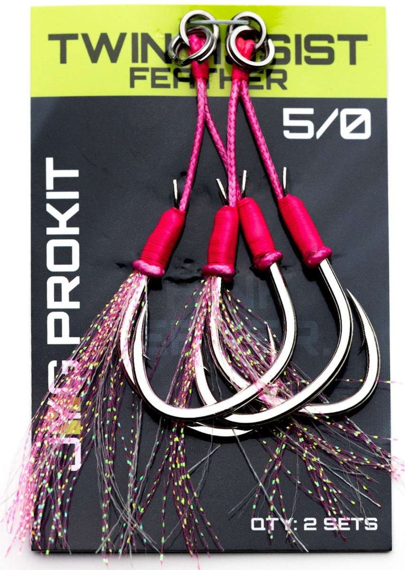 JYG PRO Fishing Feathered Twin Assist Hooks - Pink - 5/0