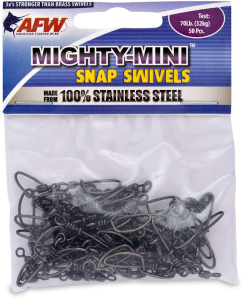American Fishing Wire Mighty Mini Stainless Steel Snap Swivels, Size #6, 70  lb Test, Gunmetal Black, 5 pc