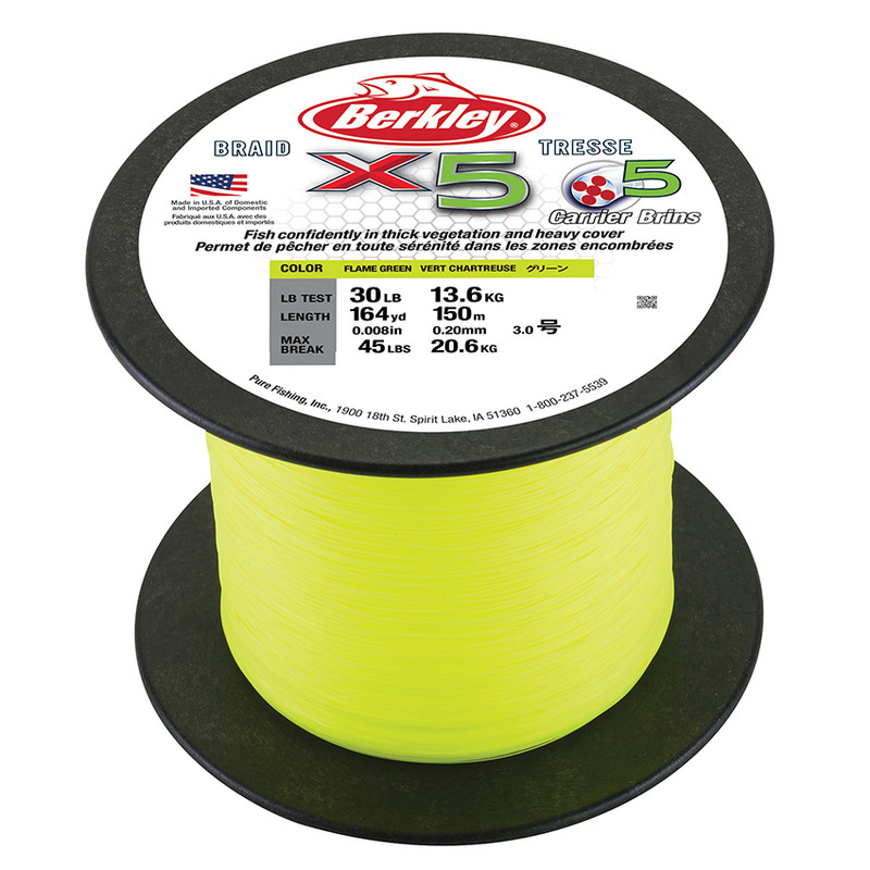 Berkley X5 Braided Line - Flame Green - 65lb - 2188yds - TackleDirect