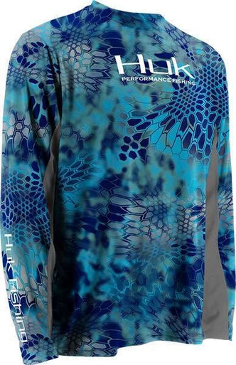 T-shirt de pêche Huk moyen bleu imprimé graphique Kryptek