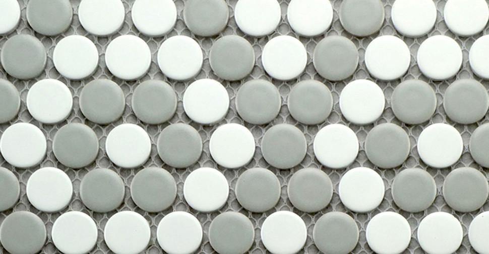 Eden Glazed Porcelain Mosaic - Penny Rounds Diamond Border Gray & White Matte