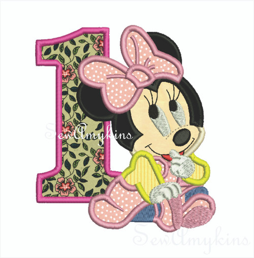 Baby Minnie Mouse One First Birthday number applique machine embroidery design