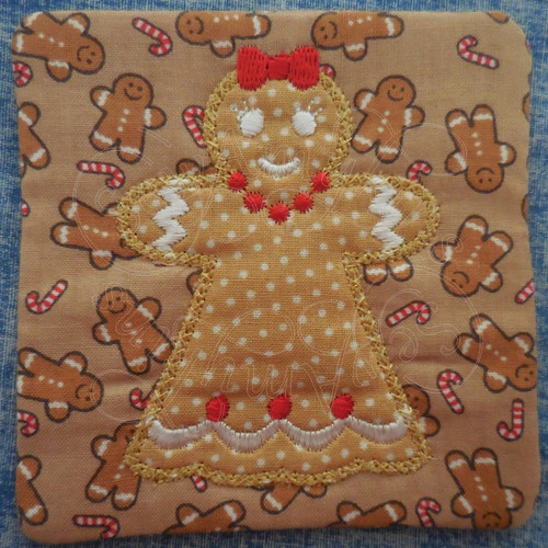 gingerbread girl applique ith in the hoop coaster mug rug machine embroidery design