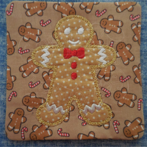 gingerbread boy applique ith in the hoop coaster mug rug machine embroidery design