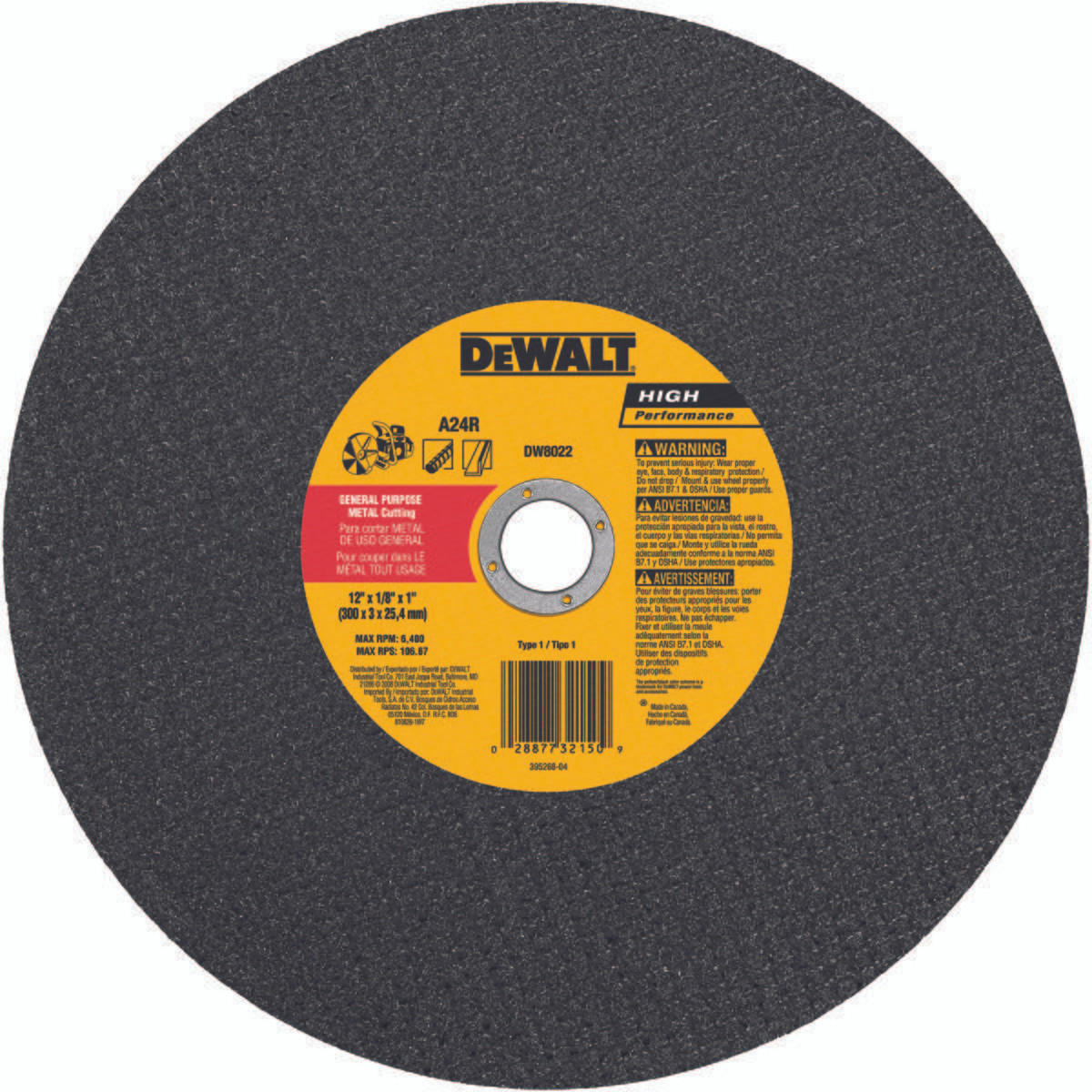DEWALT TOOLS DW8022 12"X1/8"X1" METAL PORT SAW CUT-OFF WHEEL