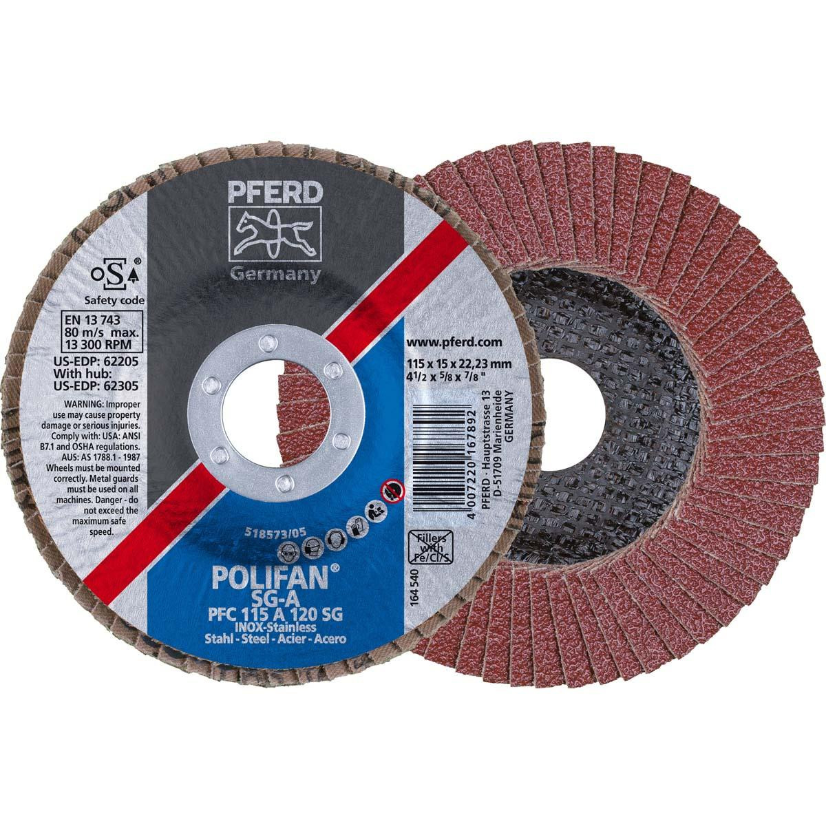 PFERD 62205 FLAP DISC,120 GRIT,T29,4-1/2"X7/8"
