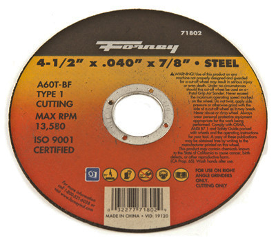 FORNEY INDUSTRIES INC 71802 CUTTING WHEEL, TYPE 1, 4.5 X .040-IN.
