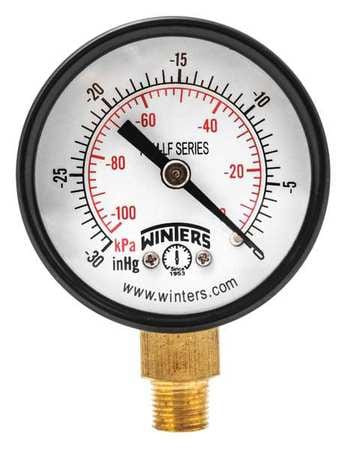 WINTERS PEM195LF VACUUM GAUGE,2IN.,30IN. HG VAC TO 0