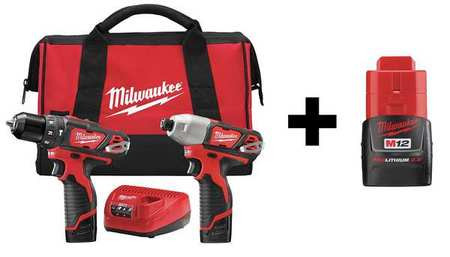 MILWAUKEE ELECTRIC TOOLS 7DF47 CORDLESS COMBO KIT,12.0 V,2 TOOLS,3 BATT