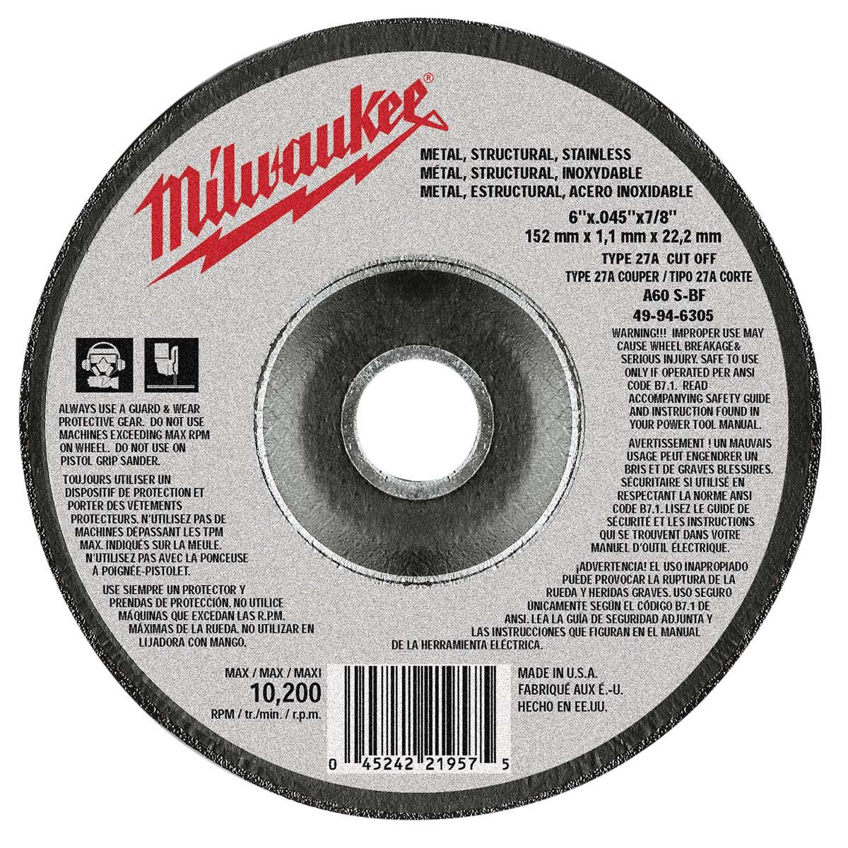 MILWAUKEE ELECTRIC TOOLS 49-94-6305 CUTTING WHEEL 6 X.045 X7/8 TYPE 27