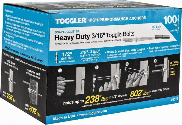 TOGGLER 24013 1/2" DIAM X 6-1/4" OAL, 3/16" SCREW, STE