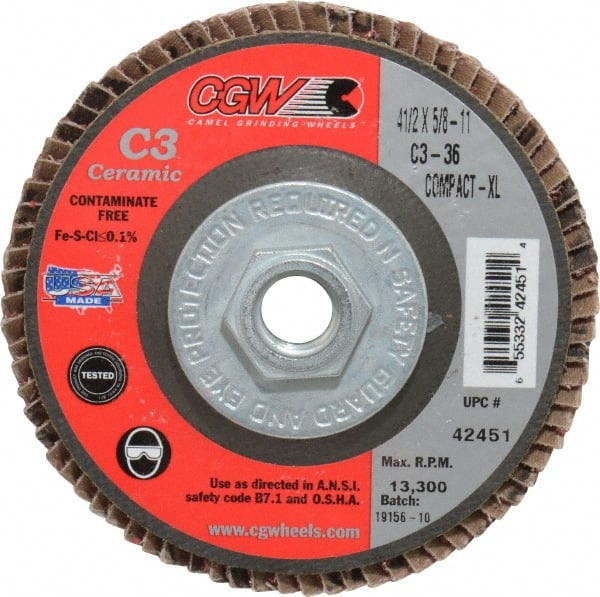 CGW ABRASIVES 42451 FLAP DISC,4.5X5/8-11,C3 CMPCT CER XL,36G