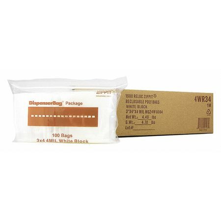 RELOC ZIPPIT 4WR34 CLEAR RECLOSABLE BAGS 4 MIL 3 X4 PK1000