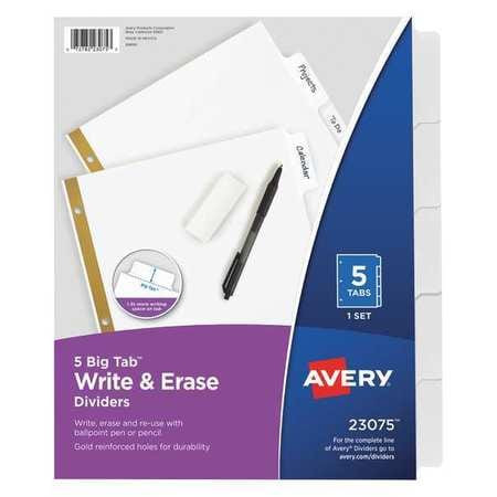 AVERY 7278223075 BINDER DIVIDER WRITE-ON TABS 5 TABS WHT