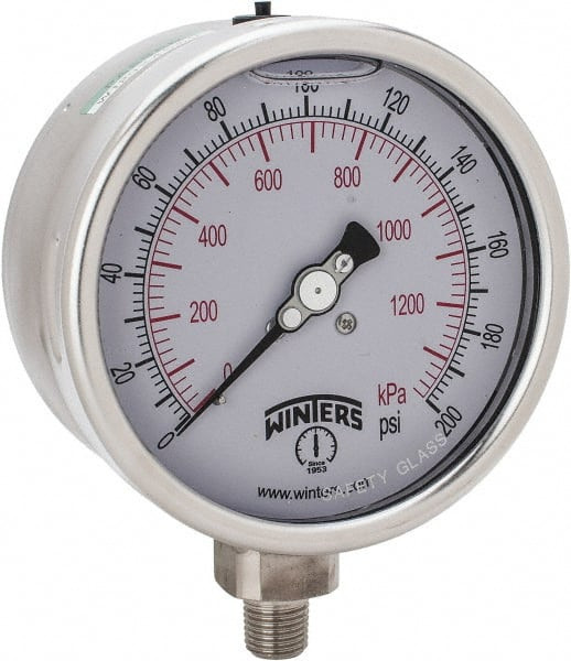 WINTERS PSC268G 4" DIAL, 1/4 THREAD, 0-200 SCALE RANGE, 