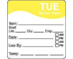 DAYMARK FOOD SAFETY SYSTEMS 1100622 LABEL TUES DISSOLVAWAY 2.5X2.5