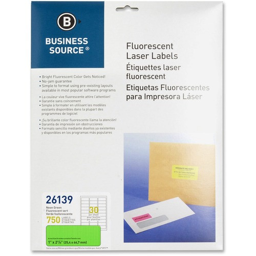 BUSINESS SOURCE 26139 LASER LABELS,1"X2-5/8",750/PK,NEON GREEN