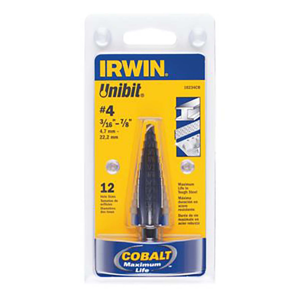 IRWIN 10234cb STEP DRILL BIT COBALT 12 SIZES 3/16-7/8 IRWIN 10234cb STEP DRILL BIT COBALT 12 SIZES 3/16-7/8