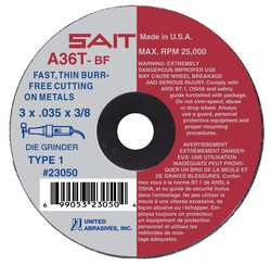 UNITED ABRASIVES-SAIT 23042 ABRSV CUT WHL 3IN D 1/16 IN T 1/4IN AH