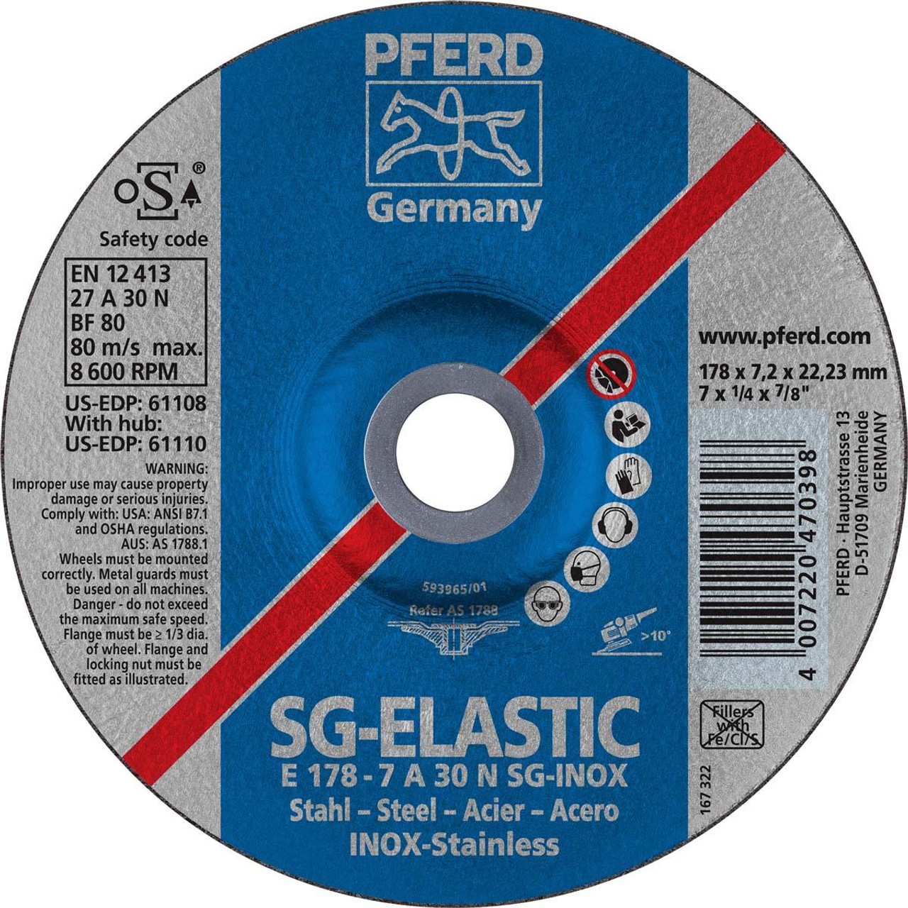 PFERD 61108 GRINDING WHEEL,T27,7"X1/4"