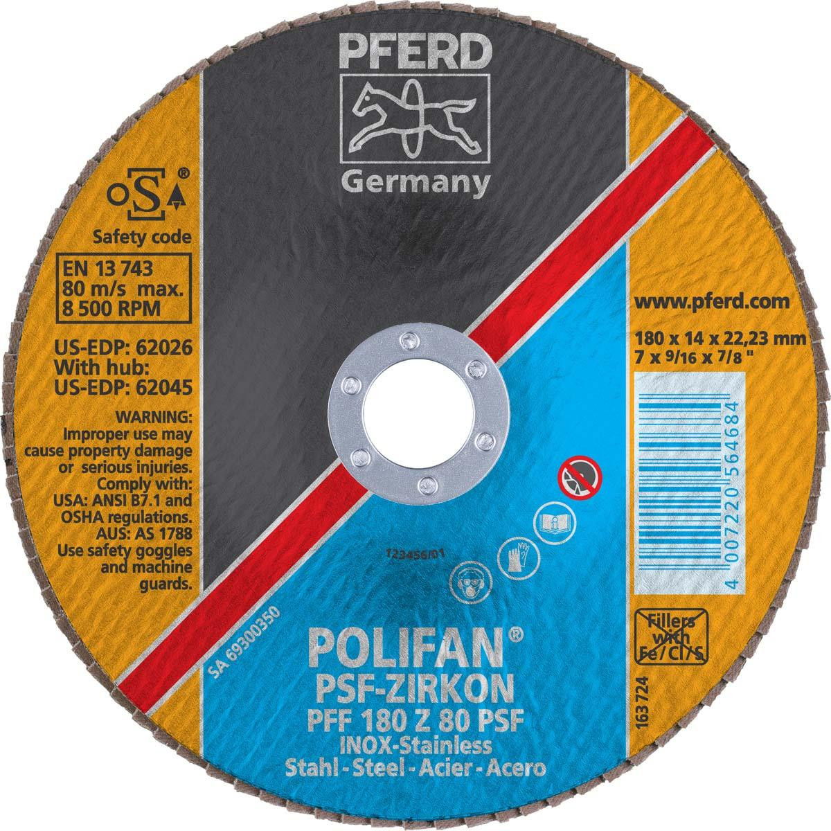 PFERD 62026 7" X 7/8 POLIFAN FLAP DISC- FLAT 80 GRIT