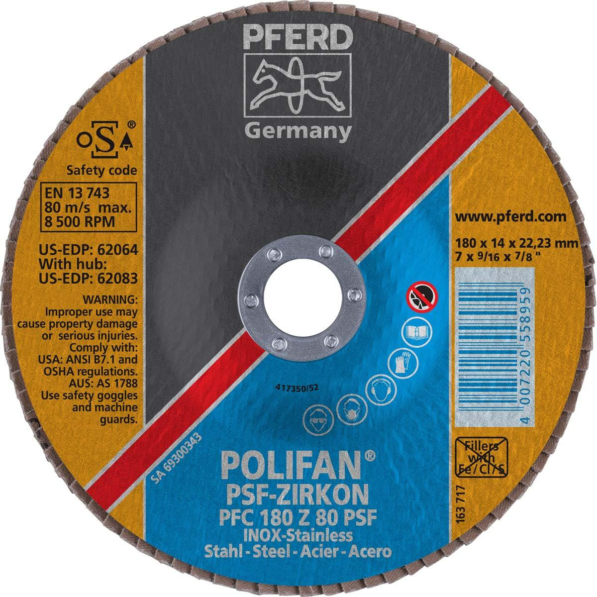 PFERD 62064 FLAP DISC,80 GRIT,T29,7"X7/8"