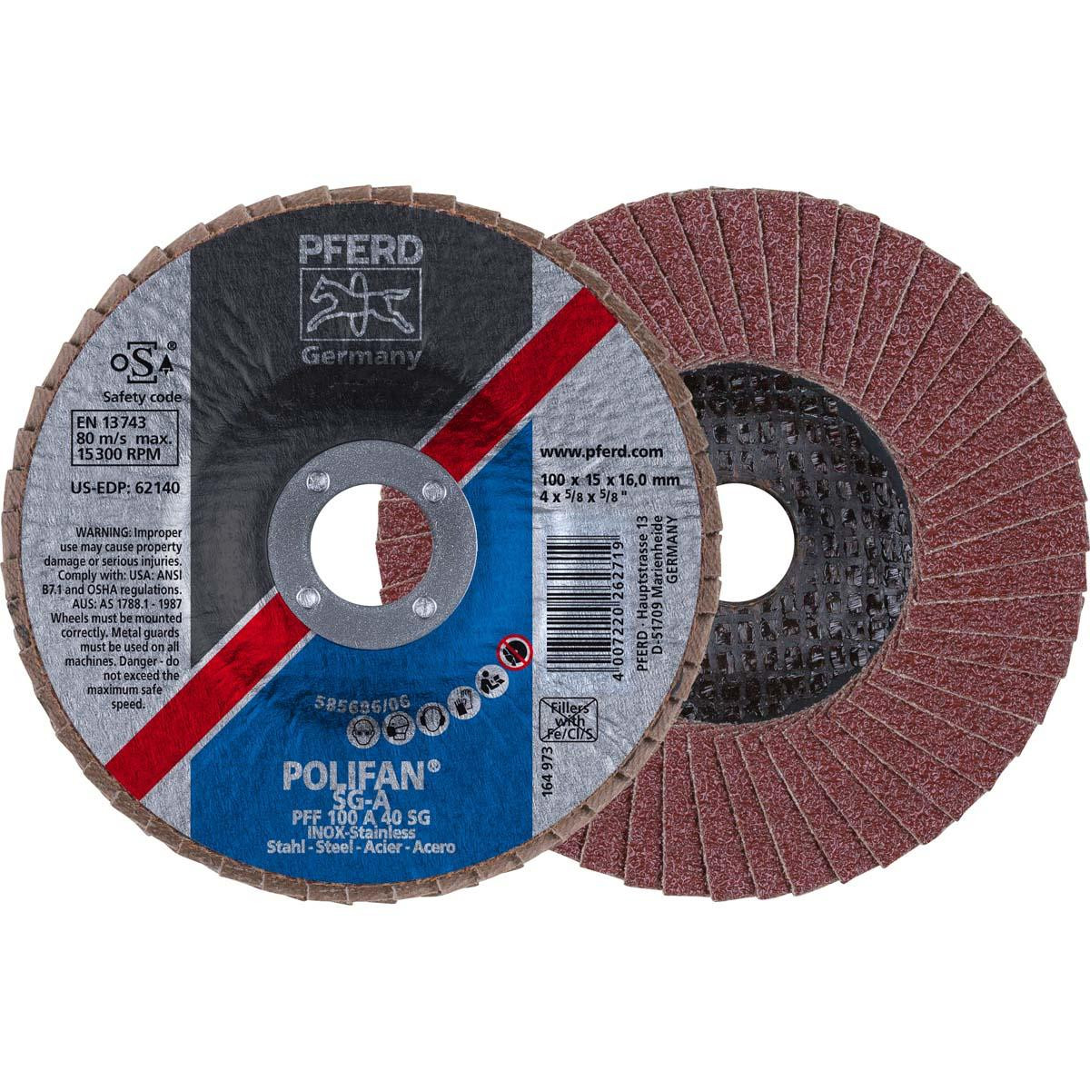 PFERD 62140 FLAP DISC,AL/OXD,40 GRIT,T27,4"X5/8"