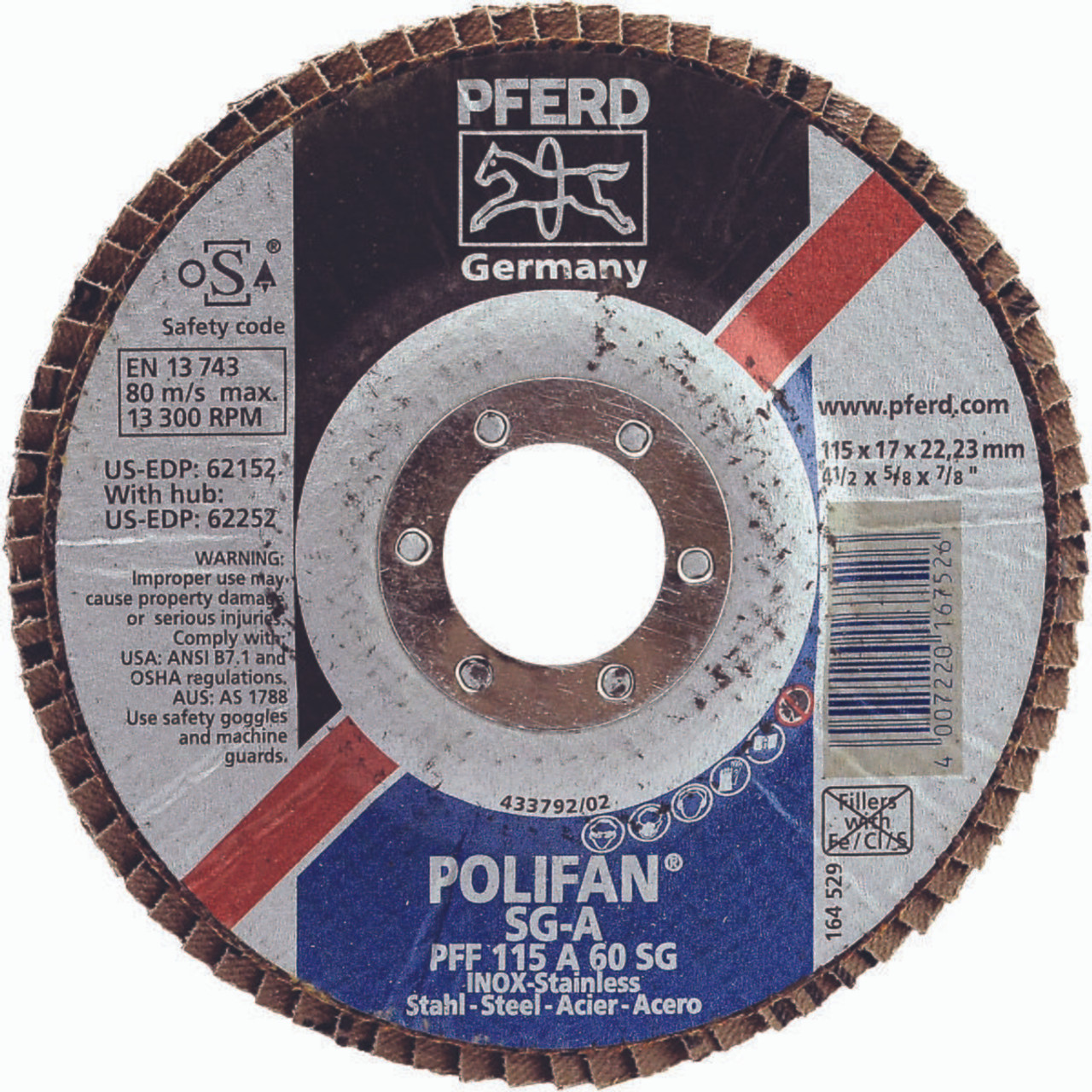 PFERD 62152 FLAP DISC,60 GRIT,TYPE 27,4-1/2"X7/8" PFERD 62152 FLAP DISC,60 GRIT,TYPE 27,4-1/2"X7/8"