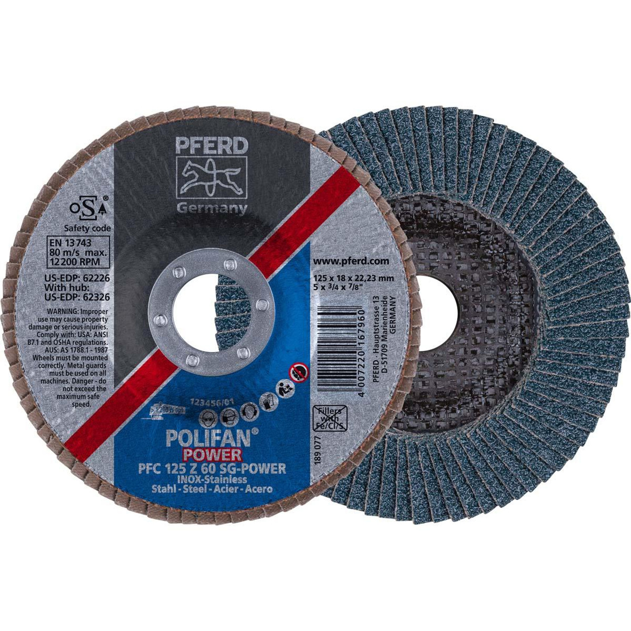 PFERD 62226 5" 60 GRIT 7/8" CENTER HOLE TYPE 29 ZIRC