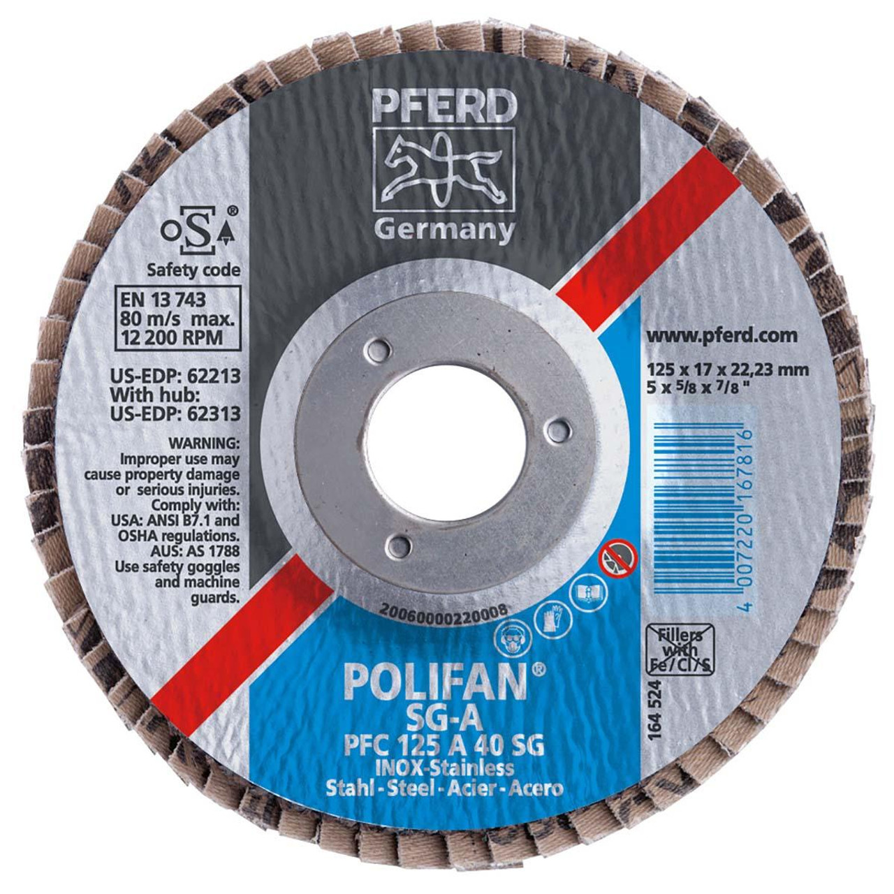 PFERD 62313 FLAP DISC,AL/OXD,40 GRIT,T29,5"X5/8"