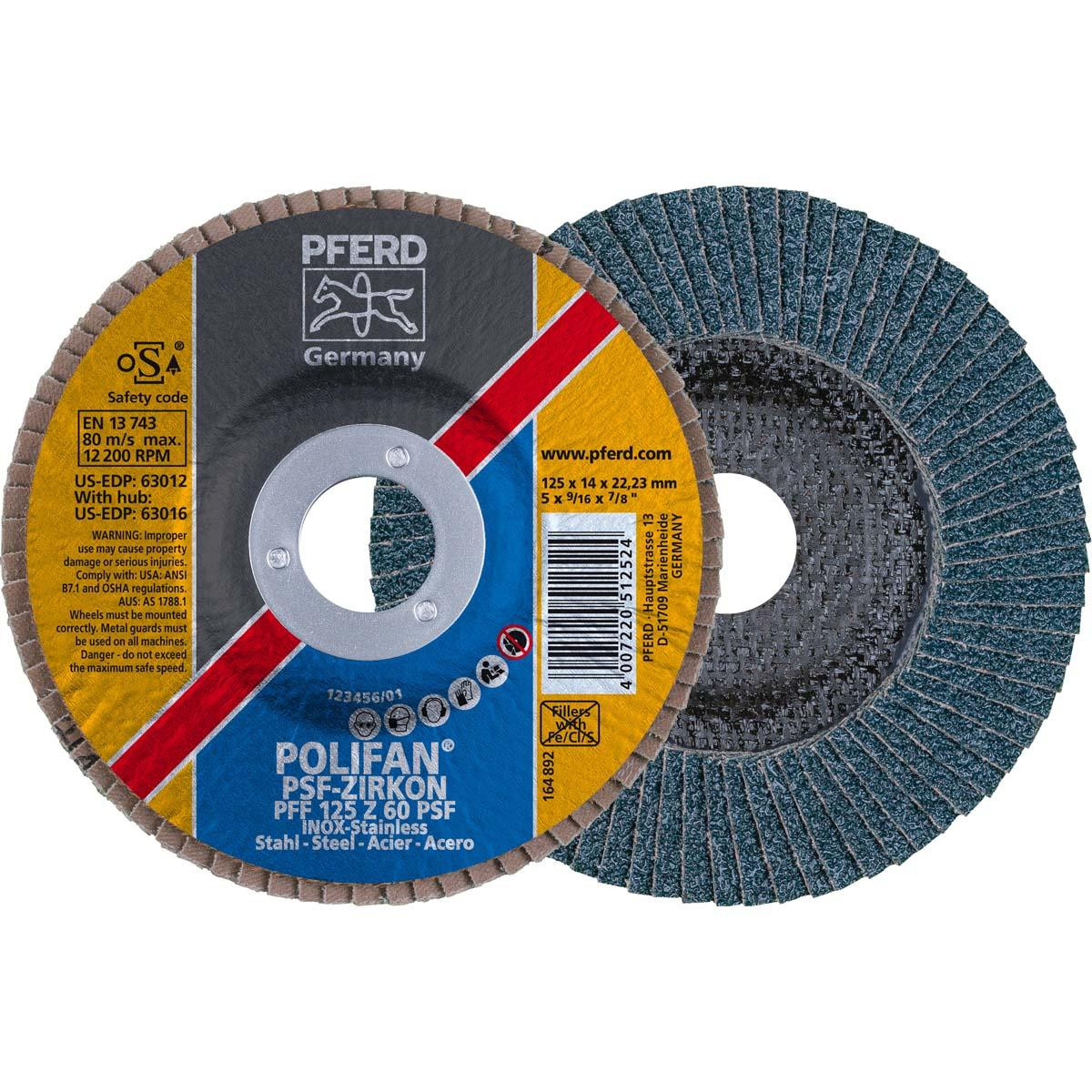 PFERD 63012 FLAP DISC,ZIRC,60 GRIT,TYPE 27,5"X7/8"