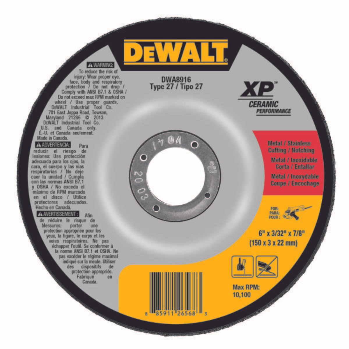 DEWALT TOOLS DWA8916 6" X 3/32" X 7/8" CERAMIC ABRASIVE
