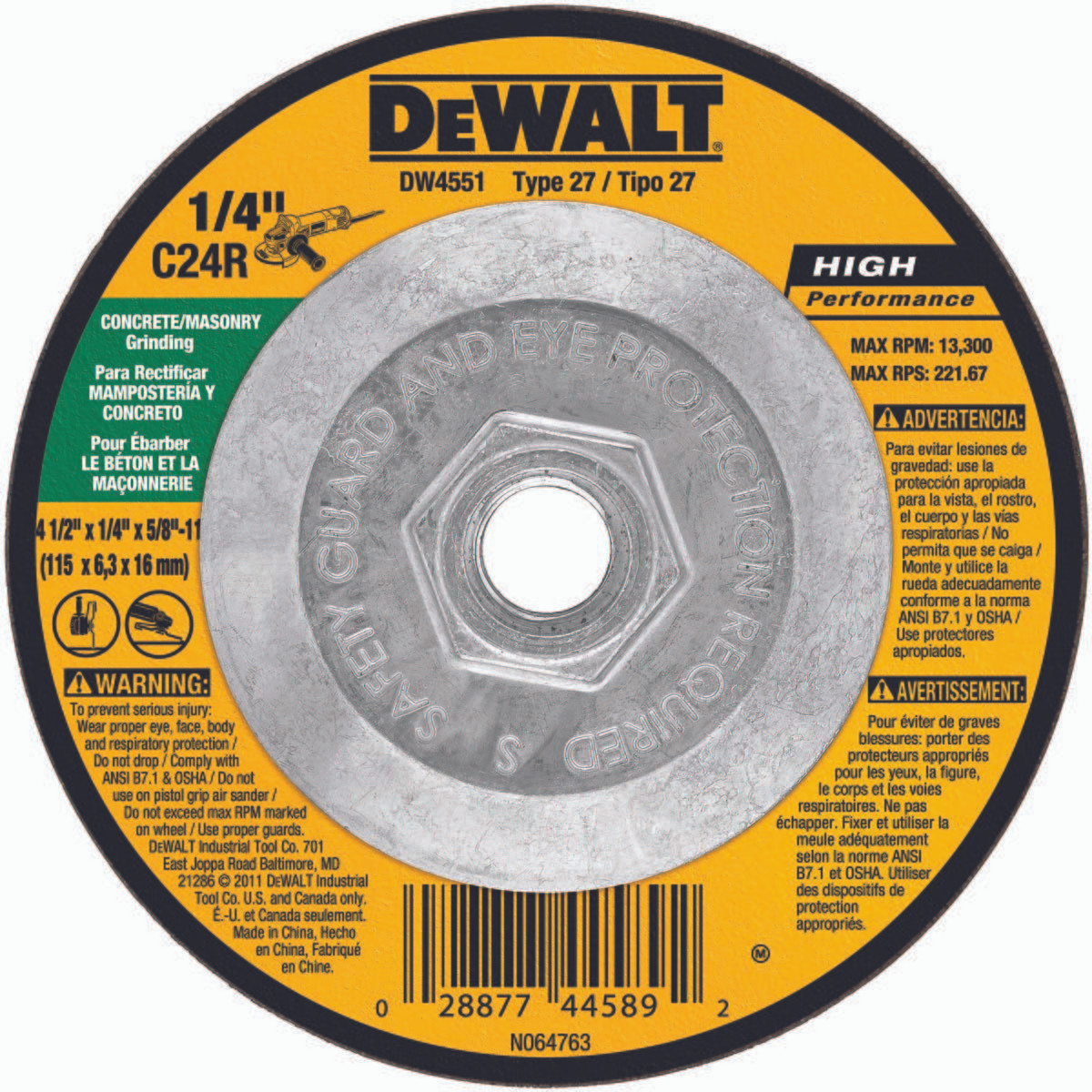 DEWALT TOOLS DW4551 4-1/2" X 1/4" X 5/8"-11 MASONRY