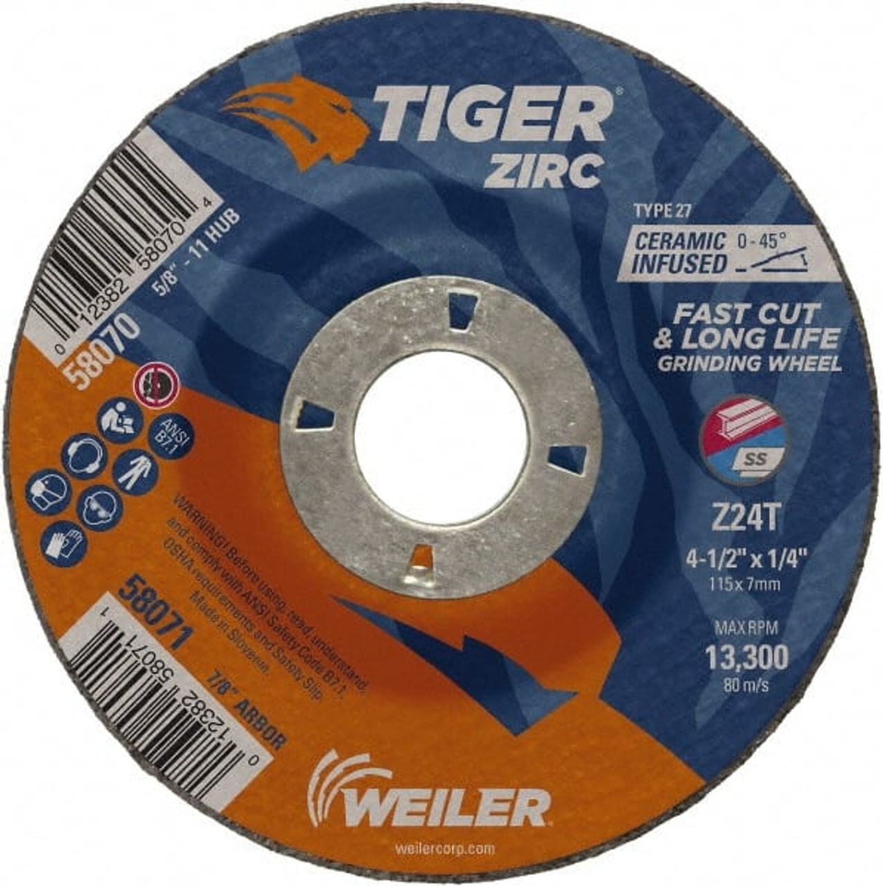 WEILER CORPORATION 58071 24 GRIT, 4-1/2" WHEEL DIAM, 1/4" WHEEL T